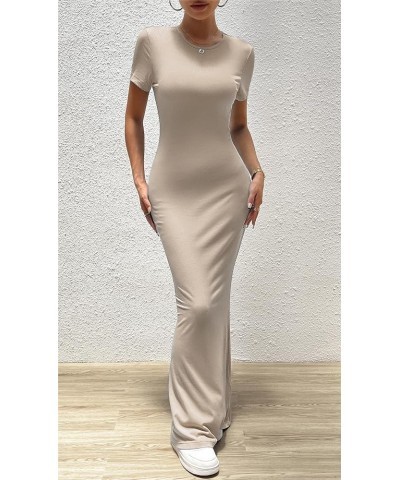 Women's Summer Bodycon Maxi Dress Casual Short Sleeve Tight Long Dresses Crew Neck Lounge Ribbed Tshirt Dress Khaki $13.64 Li...