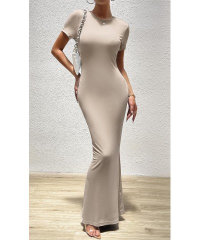 Women's Summer Bodycon Maxi Dress Casual Short Sleeve Tight Long Dresses Crew Neck Lounge Ribbed Tshirt Dress Khaki $13.64 Li...