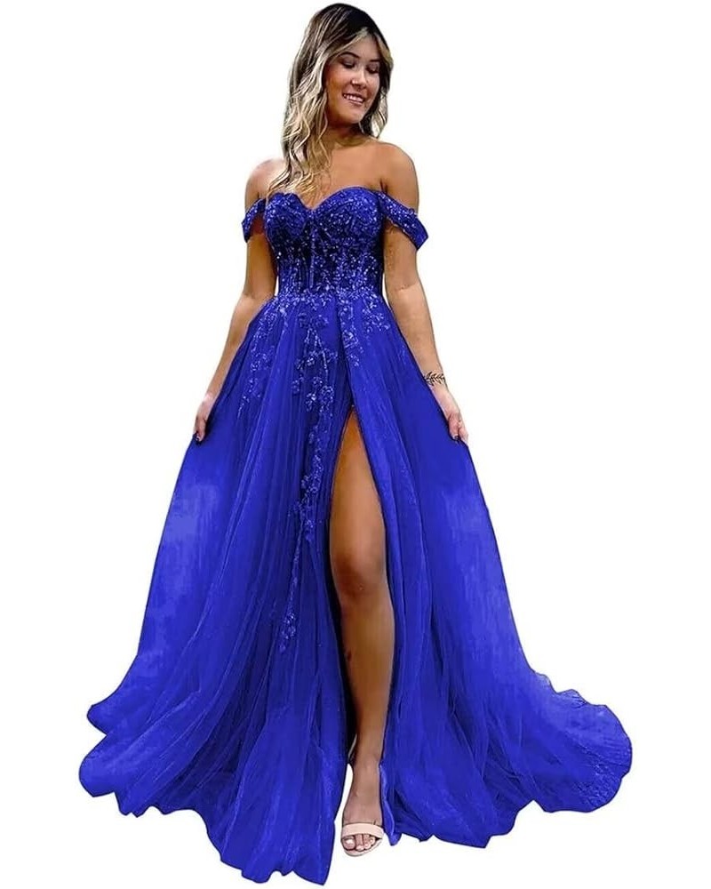 Off The Shoulder Tulle Prom Dress for Women Laces Appliques Sequin A Line Formal Dresses with Slit Royal Blue $35.28 Dresses
