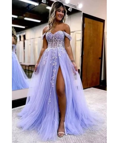 Off The Shoulder Tulle Prom Dress for Women Laces Appliques Sequin A Line Formal Dresses with Slit Royal Blue $35.28 Dresses