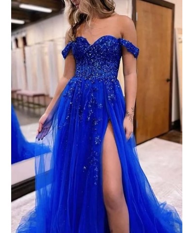 Off The Shoulder Tulle Prom Dress for Women Laces Appliques Sequin A Line Formal Dresses with Slit Royal Blue $35.28 Dresses