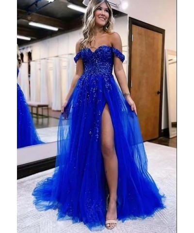 Off The Shoulder Tulle Prom Dress for Women Laces Appliques Sequin A Line Formal Dresses with Slit Royal Blue $35.28 Dresses