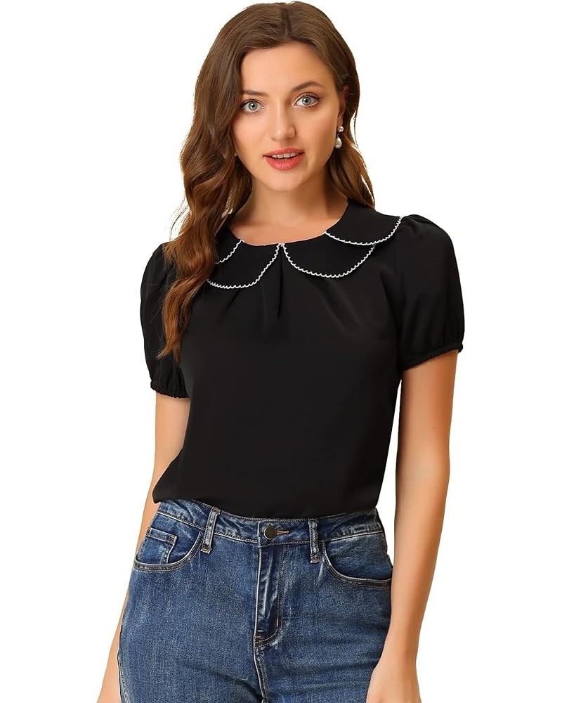 Women's Puff Sleeves Tops Peter Pan Collar Blouse Black $14.25 Blouses