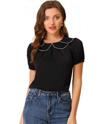 Women's Puff Sleeves Tops Peter Pan Collar Blouse Black $14.25 Blouses