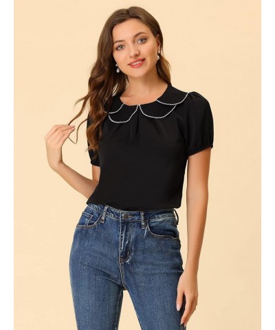 Women's Puff Sleeves Tops Peter Pan Collar Blouse Black $14.25 Blouses