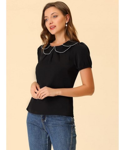 Women's Puff Sleeves Tops Peter Pan Collar Blouse Black $14.25 Blouses