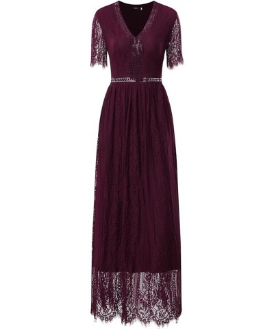 Women's Elegant Causal V-Neck Short Sleeve Wedding Bridesmaid Party Lace Maxi Dress 891a-1-4 Burgundy $18.45 Dresses