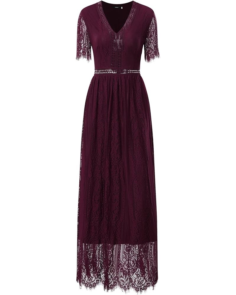 Women's Elegant Causal V-Neck Short Sleeve Wedding Bridesmaid Party Lace Maxi Dress 891a-1-4 Burgundy $18.45 Dresses