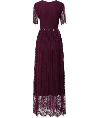 Women's Elegant Causal V-Neck Short Sleeve Wedding Bridesmaid Party Lace Maxi Dress 891a-1-4 Burgundy $18.45 Dresses