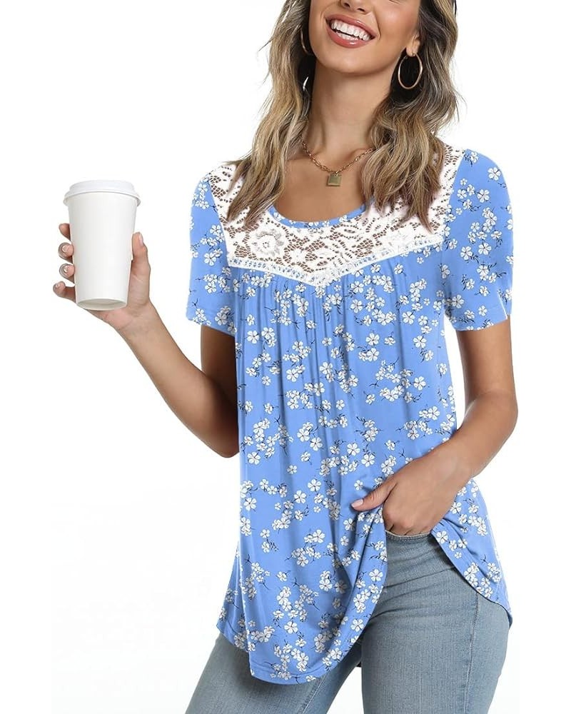 Women's Summer Casual Cute Tops Short Sleeve Lace Shirts Pleated Tunic Tops for Leggings Loose Blouses Blue-white Flower $9.9...