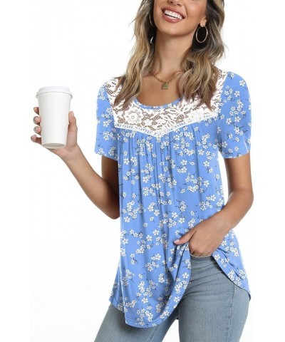 Women's Summer Casual Cute Tops Short Sleeve Lace Shirts Pleated Tunic Tops for Leggings Loose Blouses Blue-white Flower $9.9...