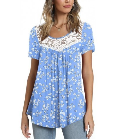 Women's Summer Casual Cute Tops Short Sleeve Lace Shirts Pleated Tunic Tops for Leggings Loose Blouses Blue-white Flower $9.9...