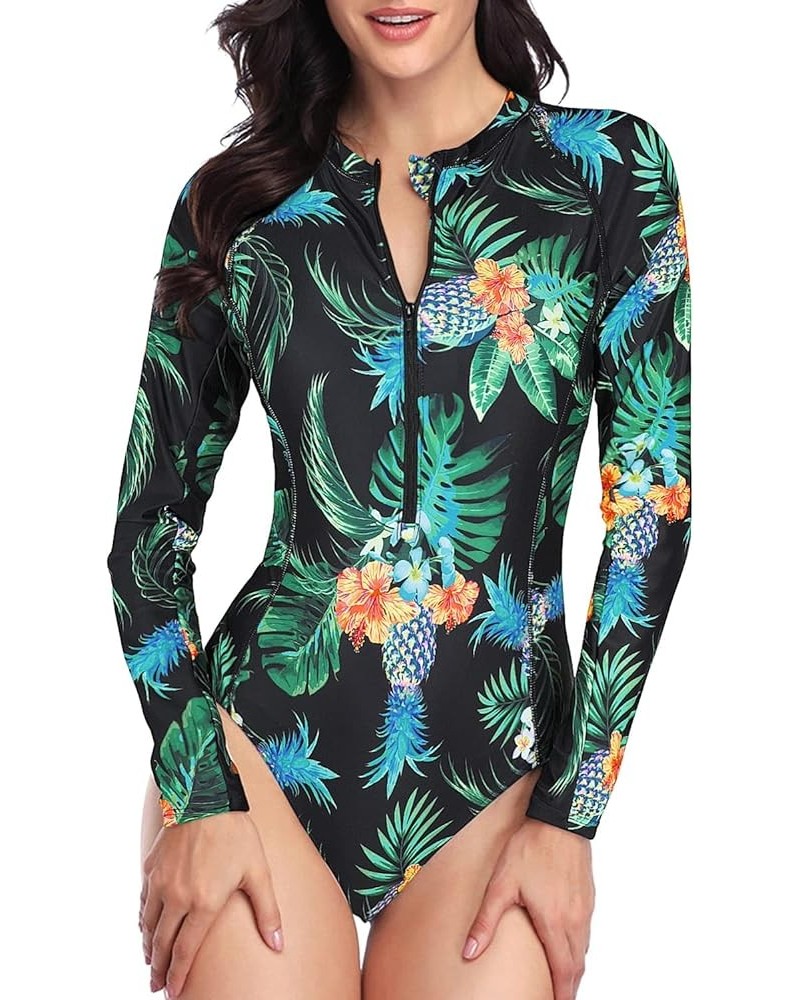 Women Rash Guard Long Sleeve One Piece Swimsuit Zipper Surfing Bathing Suit UPF 50 Pineapple $18.14 Swimsuits