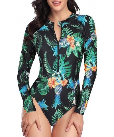 Women Rash Guard Long Sleeve One Piece Swimsuit Zipper Surfing Bathing Suit UPF 50 Pineapple $18.14 Swimsuits