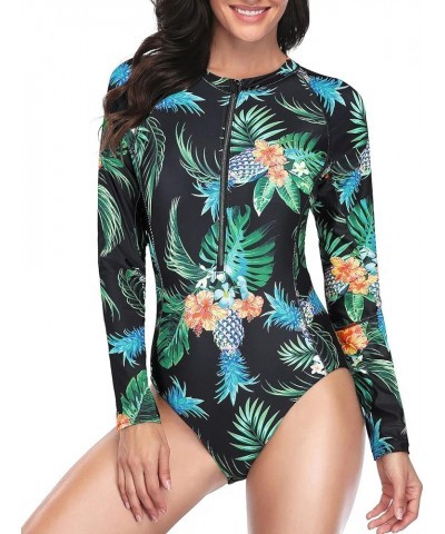 Women Rash Guard Long Sleeve One Piece Swimsuit Zipper Surfing Bathing Suit UPF 50 Pineapple $18.14 Swimsuits