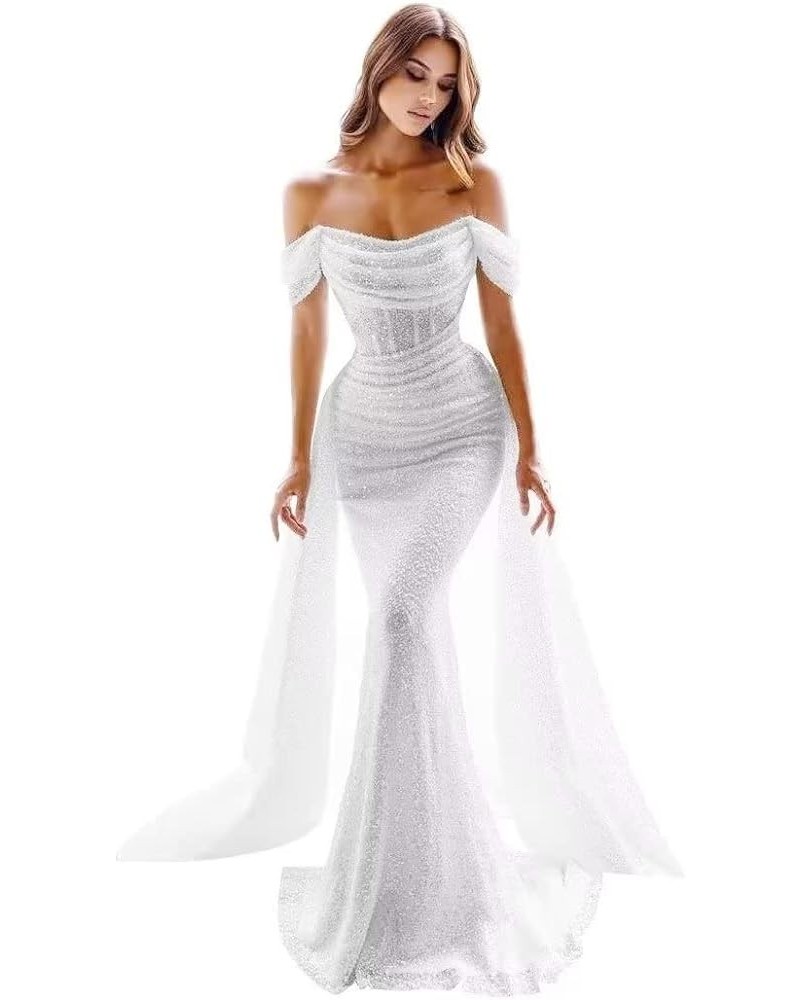 Sparkly Sequin Mermaid Prom Dresses for Women Long Off Shoulder Formal Evening Party Gown with Detachable Train White $43.78 ...