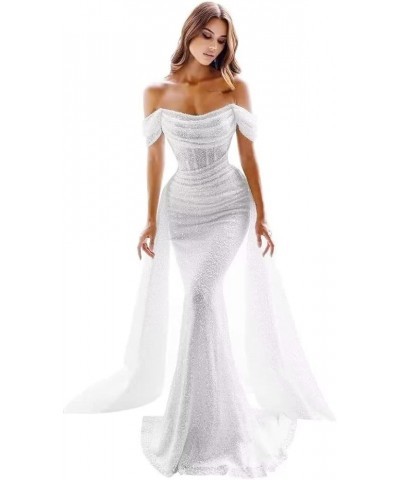 Sparkly Sequin Mermaid Prom Dresses for Women Long Off Shoulder Formal Evening Party Gown with Detachable Train White $43.78 ...