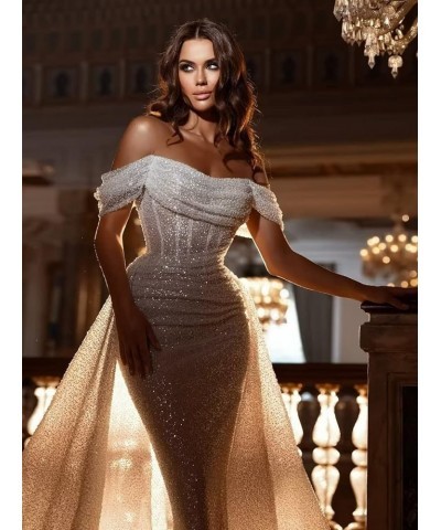 Sparkly Sequin Mermaid Prom Dresses for Women Long Off Shoulder Formal Evening Party Gown with Detachable Train White $43.78 ...