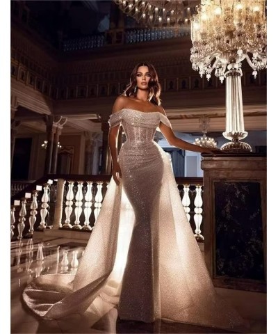 Sparkly Sequin Mermaid Prom Dresses for Women Long Off Shoulder Formal Evening Party Gown with Detachable Train White $43.78 ...