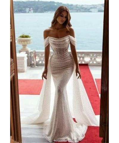 Sparkly Sequin Mermaid Prom Dresses for Women Long Off Shoulder Formal Evening Party Gown with Detachable Train White $43.78 ...