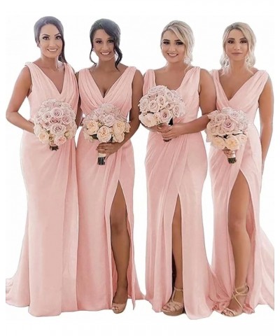 Women's V Neck Chiffon Bridesmaid Dresses for Wedding Long High Split Elegent Formal Gowns and Evening Dresses Pink $32.20 Dr...