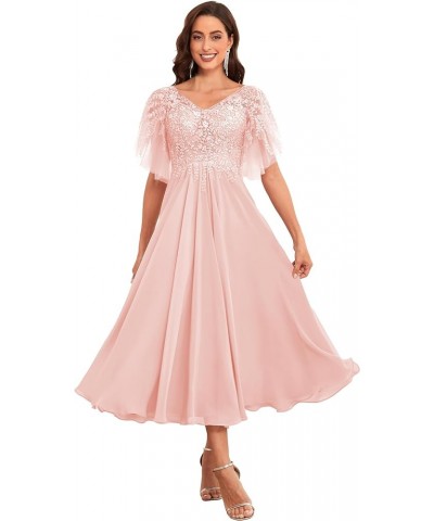 Women's Tea Length Mother of The Bride Dress for Wedding Lace Chiffon Formal Evening Gown Blush Pink $51.29 Dresses