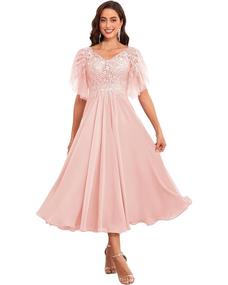 Women's Tea Length Mother of The Bride Dress for Wedding Lace Chiffon Formal Evening Gown Blush Pink $51.29 Dresses