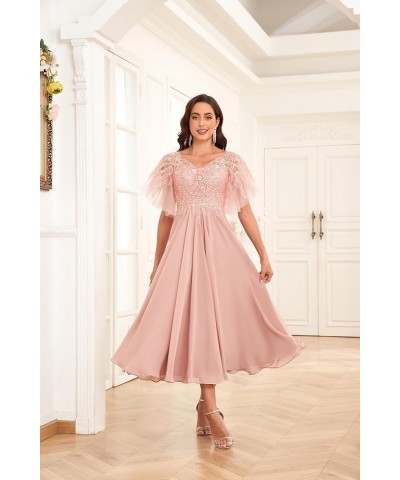 Women's Tea Length Mother of The Bride Dress for Wedding Lace Chiffon Formal Evening Gown Blush Pink $51.29 Dresses