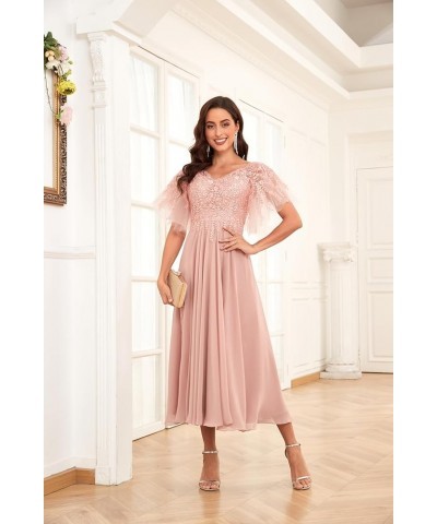 Women's Tea Length Mother of The Bride Dress for Wedding Lace Chiffon Formal Evening Gown Blush Pink $51.29 Dresses