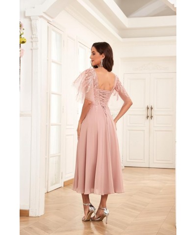 Women's Tea Length Mother of The Bride Dress for Wedding Lace Chiffon Formal Evening Gown Blush Pink $51.29 Dresses