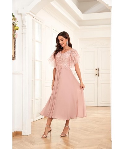 Women's Tea Length Mother of The Bride Dress for Wedding Lace Chiffon Formal Evening Gown Blush Pink $51.29 Dresses