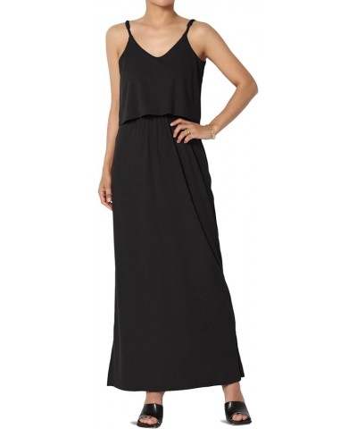 Women's Sleeveless Tiered Maxi Dress Spaghetti Straps Layered Cami Long Dress Ribbed Black $13.16 Dresses