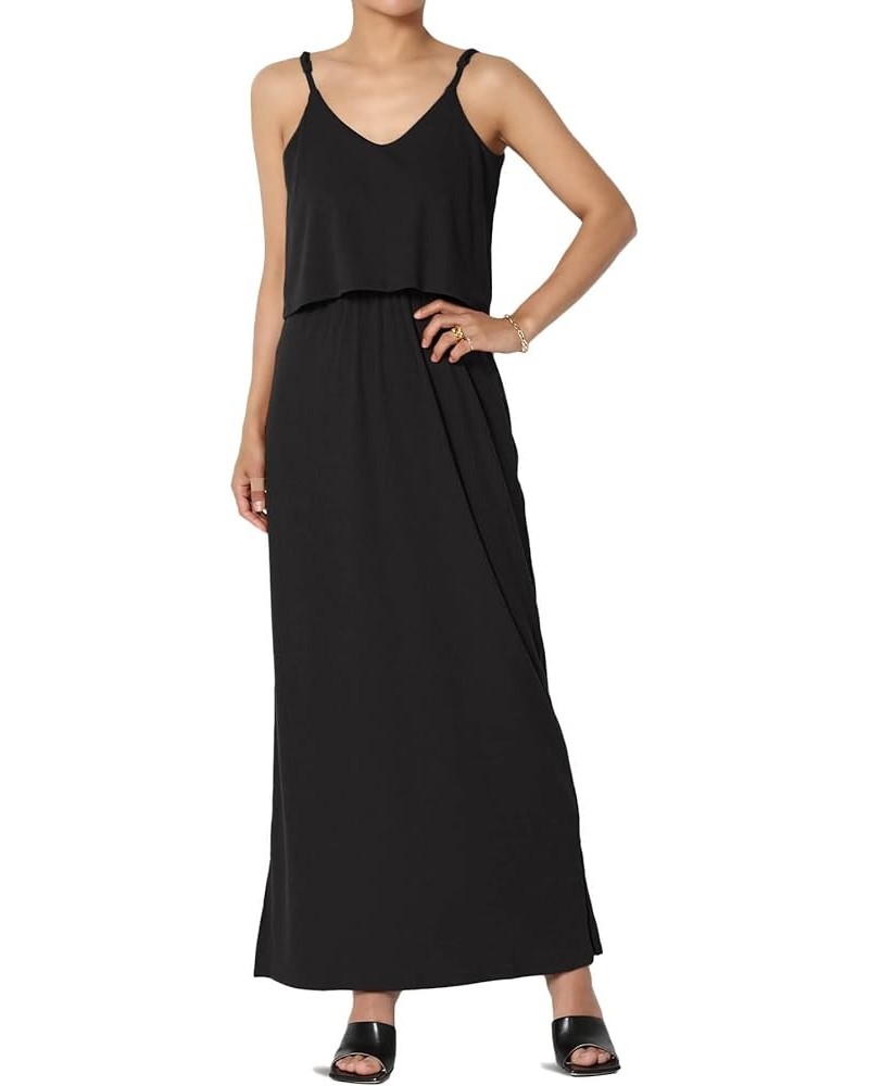 Women's Sleeveless Tiered Maxi Dress Spaghetti Straps Layered Cami Long Dress Ribbed Black $13.16 Dresses