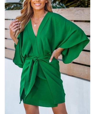 Women's V Neck Summer Dress 3/4 Kimono Sleeve Self Tie Pleated Loose Slit Mini Casual Dress Emerald Green $24.50 Swimsuits