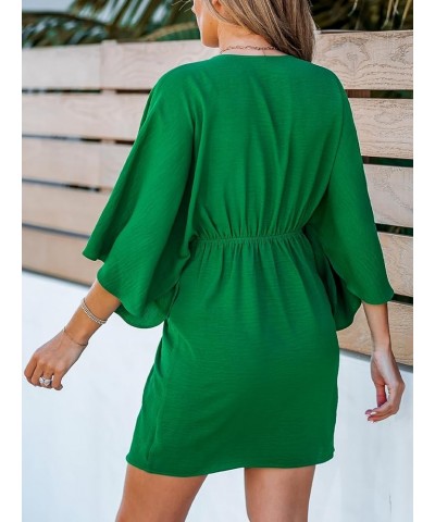 Women's V Neck Summer Dress 3/4 Kimono Sleeve Self Tie Pleated Loose Slit Mini Casual Dress Emerald Green $24.50 Swimsuits