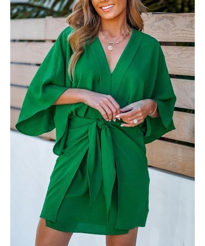 Women's V Neck Summer Dress 3/4 Kimono Sleeve Self Tie Pleated Loose Slit Mini Casual Dress Emerald Green $24.50 Swimsuits