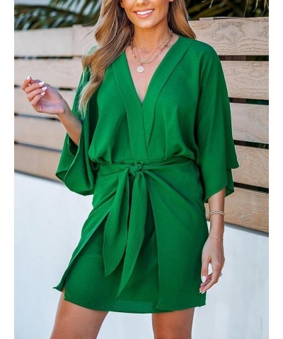 Women's V Neck Summer Dress 3/4 Kimono Sleeve Self Tie Pleated Loose Slit Mini Casual Dress Emerald Green $24.50 Swimsuits