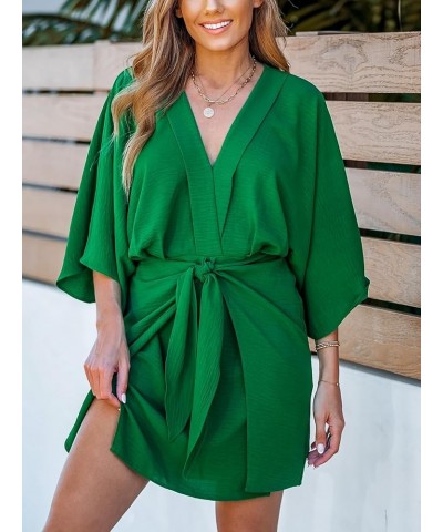 Women's V Neck Summer Dress 3/4 Kimono Sleeve Self Tie Pleated Loose Slit Mini Casual Dress Emerald Green $24.50 Swimsuits