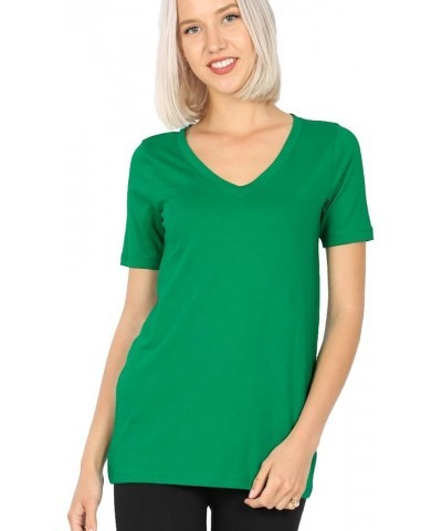 Women's Casual Summer Solid Basic Cotton Short Sleeve V-Neck T-Shirts Tops Kelly Green $10.77 T-Shirts