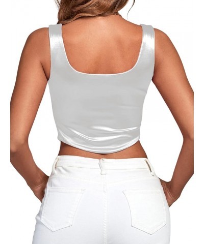 Women’s Stain Square Neck Sleeveless Asymmetrical Hem Bustier Corset Crop Tank Tops White $14.88 Tanks