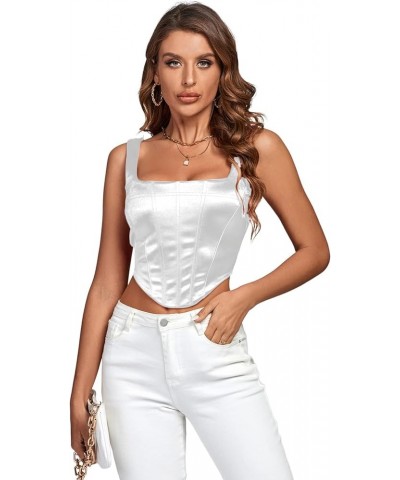 Women’s Stain Square Neck Sleeveless Asymmetrical Hem Bustier Corset Crop Tank Tops White $14.88 Tanks