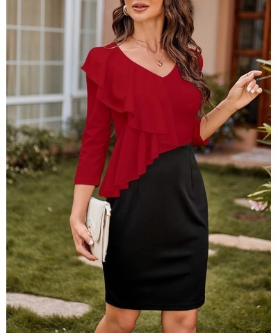 Women's Bodycon Pencil Dress Wedding Guest Office Work Dresses V Neck Ruffles Cocktail Party Formal Dress 02 Red $10.19 Dresses