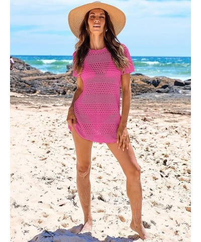 Women Swimsuit Crochet Swim Cover Up Summer Bathing Suit Swimwear Knit Short Sleeve Pullover Beach Dress Hot Pink $16.77 Swim...