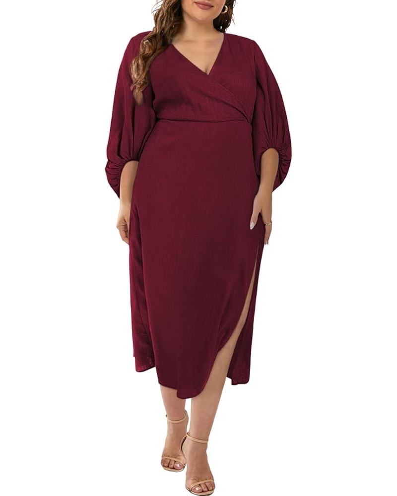 Women Plus Size Formal Dress Full Puff Sleeve V Neck Slit Maxi Long Dresses(1X-5X) Red $23.39 Dresses