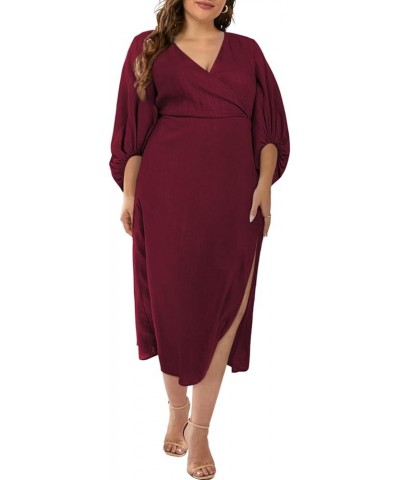 Women Plus Size Formal Dress Full Puff Sleeve V Neck Slit Maxi Long Dresses(1X-5X) Red $23.39 Dresses