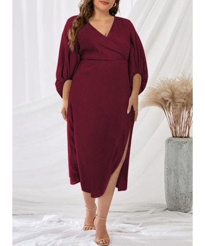 Women Plus Size Formal Dress Full Puff Sleeve V Neck Slit Maxi Long Dresses(1X-5X) Red $23.39 Dresses