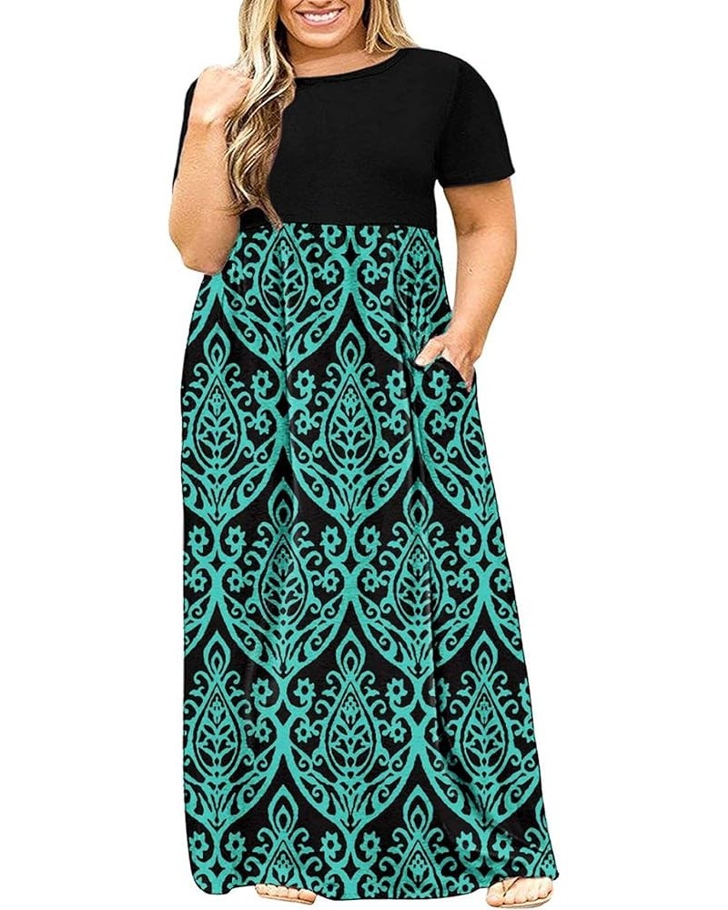 Women's Plus Size Short Sleeve Loose Plain Casual Long Maxi Dresses with Pockets 02-black Green $14.75 Dresses