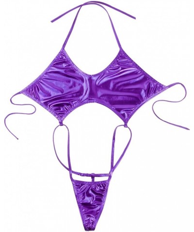 Women Shiny Glossy Bikini Swimsuit Halter Lingerie Exotic String One Piece Swimwear Purple $9.17 Swimsuits