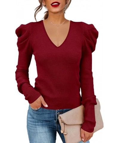 Women's Long Puff Sleeve Knit Pullover Sweaters Casual V Neck Ribbed Solid Soft Slim Fit Sweater Blouse Tops Red $22.19 Sweaters