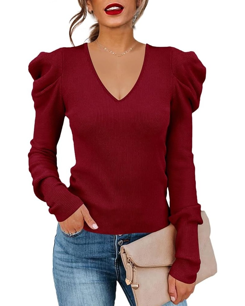 Women's Long Puff Sleeve Knit Pullover Sweaters Casual V Neck Ribbed Solid Soft Slim Fit Sweater Blouse Tops Red $22.19 Sweaters